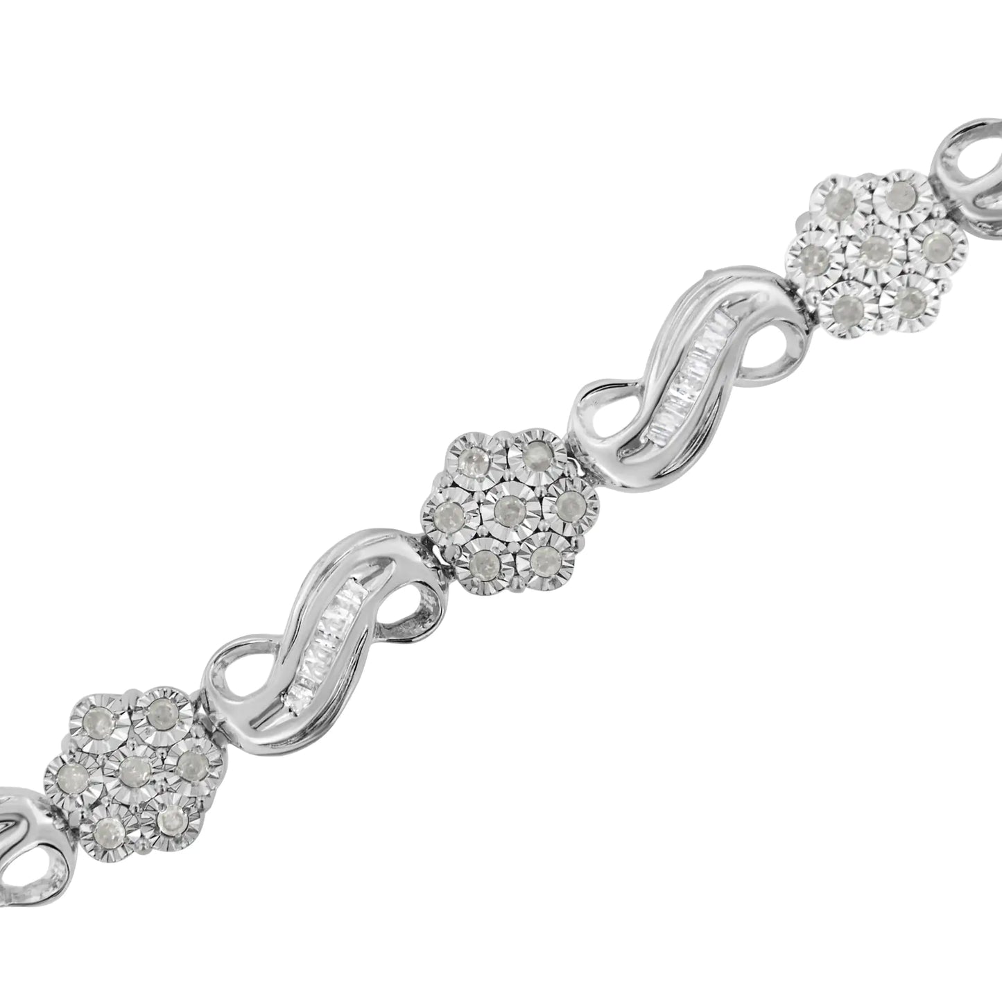 .925 Sterling Silver 1.0 Cttw Miracle and Channel Set Diamond Floral Cluster and Link Bracelet (I-J Color, I3 Clarity) - 7.25"